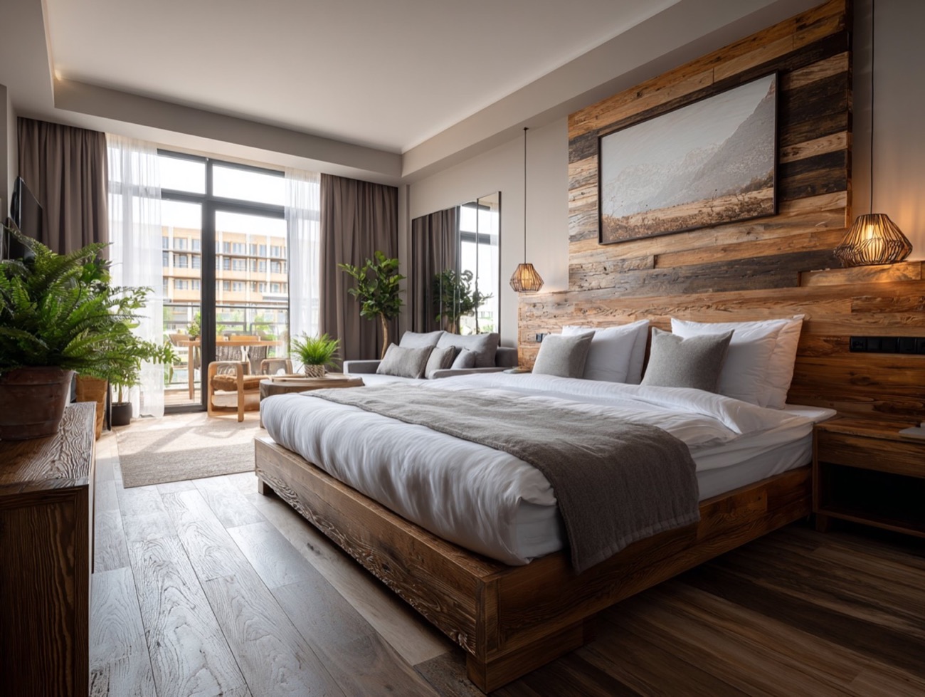 Ein großes, modernes Schlafzimmer mit einem Holzbett, einer Holzvertäfelung an der Wand, einem Balkon und Pflanzen.